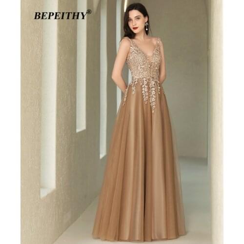 BEPEITHY V Neck Long Prom Dress Women Party Lace Floor Length Sleeveless Open Back Sexy Evening Night Gown 2021 New Arrival