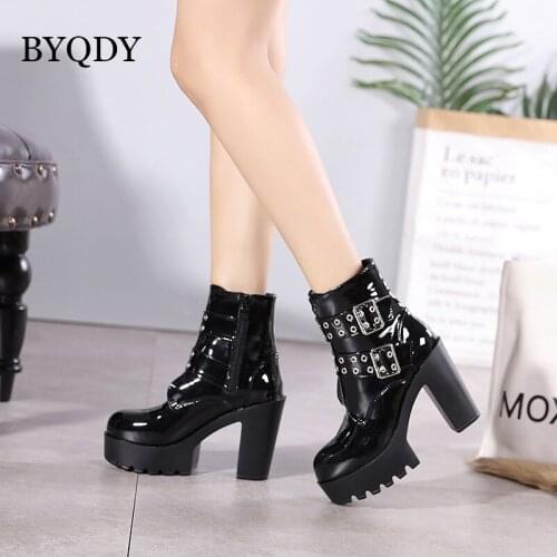 BYQDY High Heels Woman Boots Block Heel Gothic Black Punk Platform Shoes Patent Leather Round Toe Buckle Boots For Christmas