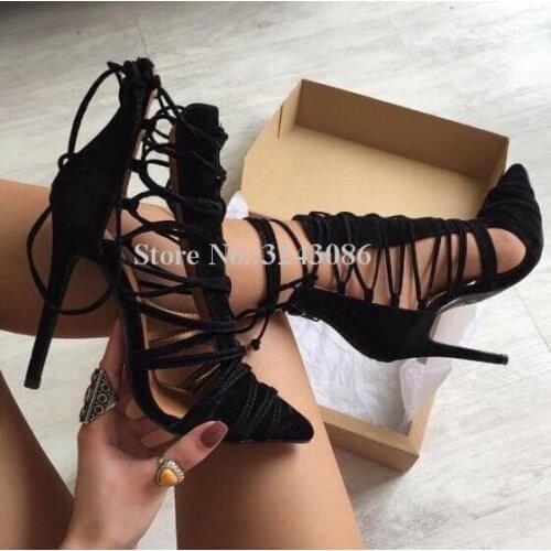 Black Suede Pointed Toe Cross Tied High Heels Sandals Boots Women Cut-out Lace-up Stiletto Heels Shoes Female Single Shoes