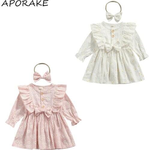 2021 6-24M Sweet Kids Baby Girls Dress Daisies Print Bow Bow Long Sleeve A-line Spring Autumn Dress+Headband 2pcs