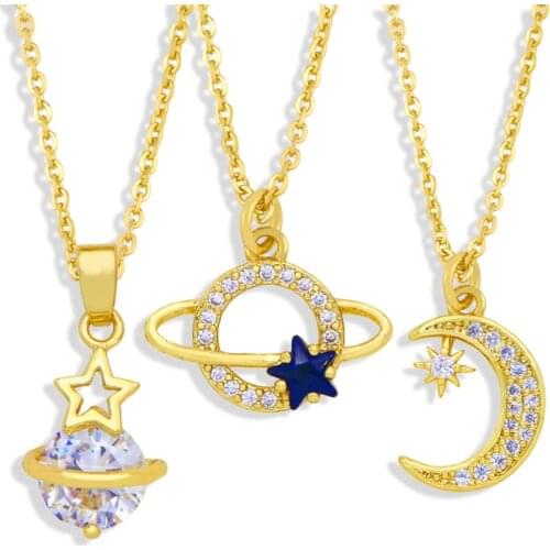 FLOLA Gold Chain Small Planet Necklace Copper CZ White Stone Crystal Moon and Star Necklace Pendant Wholesale Jewelry nkew16