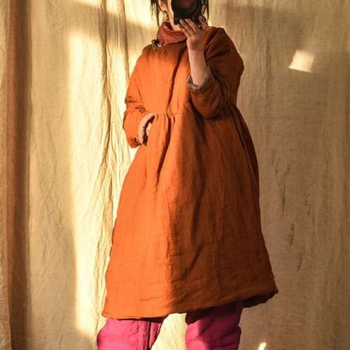 Johnature Women Thick Warm Cotton Linen Dresses O-Neck Long Sleeve Vintage Robes High Waist 2021 New Spring Original Dresses
