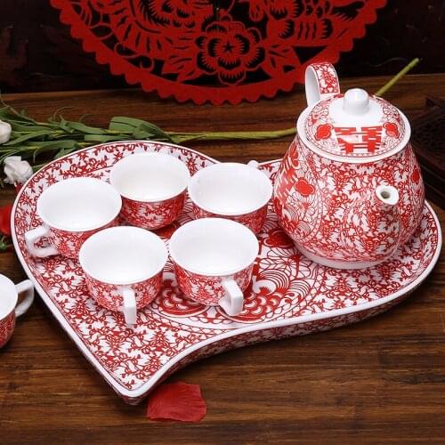 Chinese wedding ceramic gift tea pot teacup happy character red teapot heart-shaped tray set teaware marriage celebration