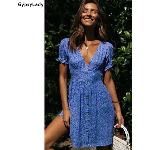 GypsyLady Blue Summer Boho Mini Dress Women Beach Floral Dress Short Sleeve Button Front V-neck Women Holiday Sexy Dresses