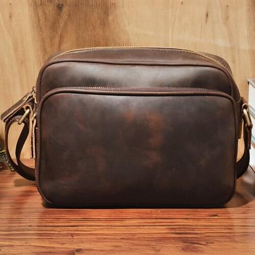 Men Leather Shoulder Bag Retro Europe America Schoolbag Crazy Horse Brown Textbook Bags Business 10 Inch Laptop Briefcase