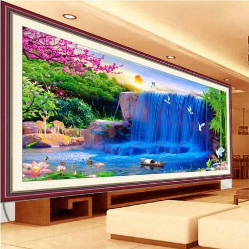 Mountain waterfall DIY chinese cross-stitch kits embroidery pattern printed stampe cross stitch silk-thread landscape Rising sun