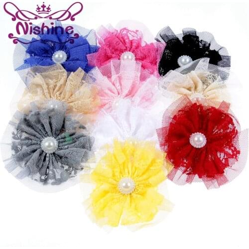 Nishine 20pcs 4" Boutique Lace Flower with Pearl Button 10 Colors to Choose Headband Flower DIY Girls Headwear Hair Accessories