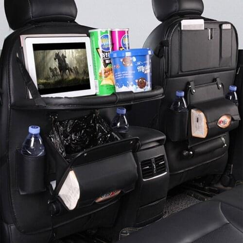 PU Leather Car Seat Back Organizer With Tray Dinner Table Trash Can iPad Tablet Holder Snack Storage Bag Protector Cover For Kid