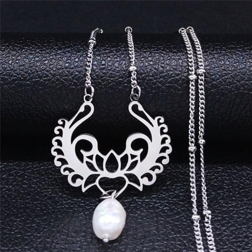 Yoga Lotus Freshwater Pearl Stainless Steel Necklace Silver Color Necklace Pendant Women Jewelry collares colier femme N4449S04