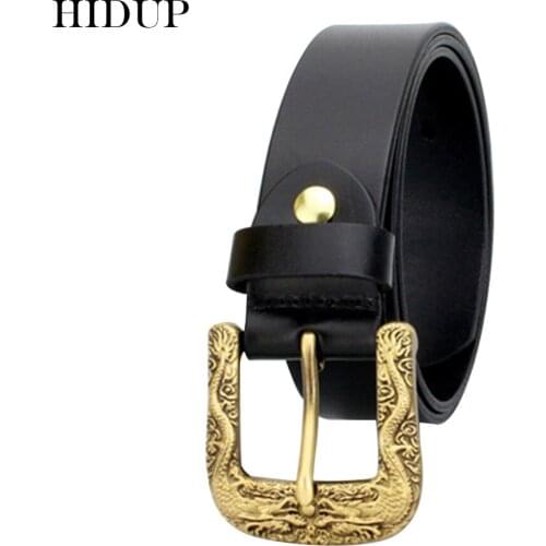 HIDUP Top Quality 100% Solid Cow Cowhide Leather Belt Chinese Dragon Copper Pin Buckle Metal Belts Men Jeans Accessories NWWJ148