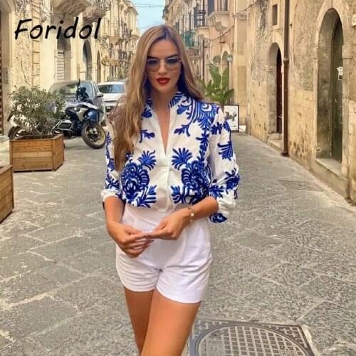 Foridol Print Blue V Neck Blouse Shirts Office Ladies Oversized Blouse Tops Autumn Winter Femme Blusa Mujer 2021 New Clothing