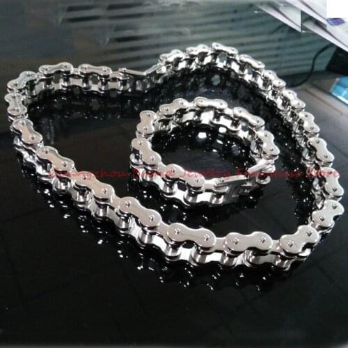 HEAVY JEWELRY! 316L stainless steel 18mm Wide Boys Mens Motorcycle Bicycle Chain Necklace Bracelet Sets of Silver Color Bangle