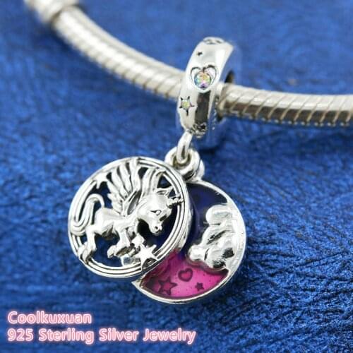 Magical Unicorn Double Dangle Charm 100% 925 Sterling Silver beads Fits Original Pandora bracelets Jewelry Making