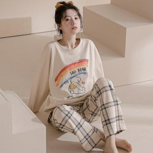 Womens Pajamas Spring Autumn Cotton Long-Sleeved Stitching Top Check Trousers Sleepwear Soft Cute Round Neck Pullover Homewear