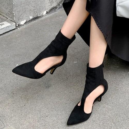 Lucyever 2021 New Hollow Out Flock Ankle Boots Women Autumn Pointed Toe Thin High Heels Woman Fashion Zippers Short Botas Femme