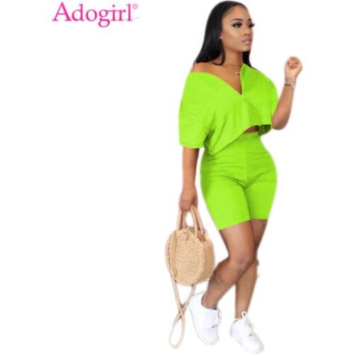 Adogirl S-3XL Women Solid Summer Casual Two Piece Set Sexy V Neck Short Sleeve T Shirt Crop Top High Waist Shorts Home Tracksuit