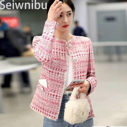 High Quality Tweed Jacket Pearls Coat Ladies Autumn Winter Fragrant Plaid Female Jackets Woolen Short Slim Coat