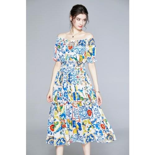 Runway Dress 2020 Summer Blue And Whtie Porcelain Flower Sexy Dresses Women Boho Beach Slash Neck Cotton Lace Print Long Dress