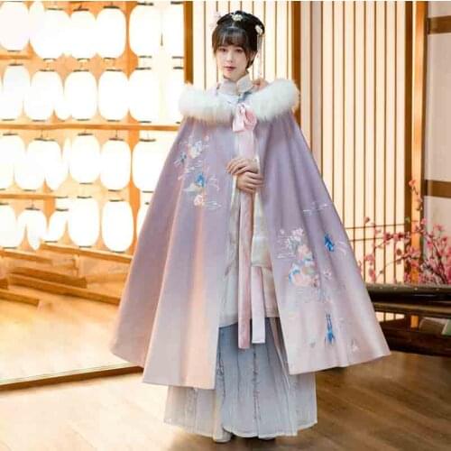 Winter Warm Thick Cloak For Women Chinese Traditional Embroidery Hanfu Cape Cosplay Costume Purple Gradient Hanfu Cape For Women