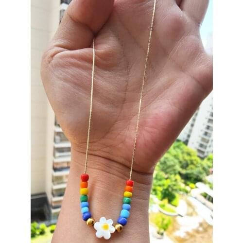 1pc New 10mm daisy mother of Pearl Necklace Hand Made Summer Glass Rainbow Colorful Bead With 925 Silver Gold Chain Necklace