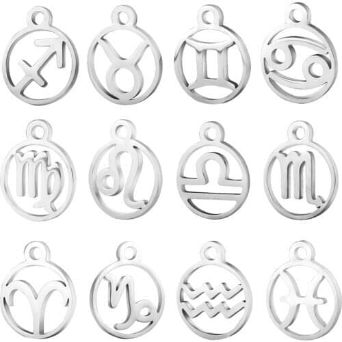 10pcs/lot Stainless Steel Laser Zodiac Sign Charms Steel Horoscope Icon DIY Metal for Bracelet Necklace Jewelry Making Tag