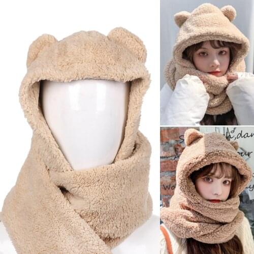2in1 Cute Bear Ear Winter Plush Hat Scarf Set Women Girls Novelty Warm Beanies Caps Hat Winter Fashion Accessories