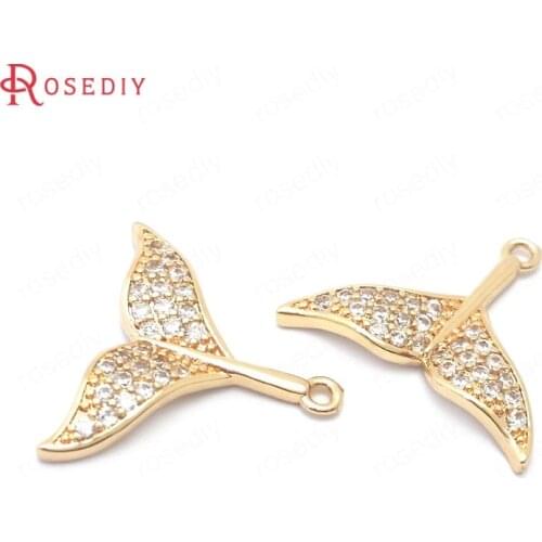 38871)6PCS 24K Champagne Gold Color Brass and Zircon Fishtail Charms Pendants Jewelry Making Supplies Diy Findings Accessories