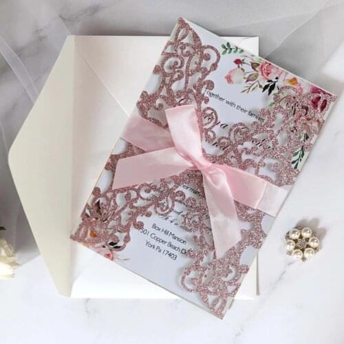 10Pcs Glitter Wedding Invitations With Envelopes Ribbon For Birthday Mariage Baptism Bar Mitzvah Party Invitation Card Supplies