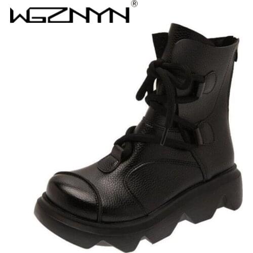 Women Mid-Calf Boots Fashion Classic Women Short Boots Cool Leather Lace-Up Round Toe Chunky Tenis Feminino Shoes Botas De Mujer