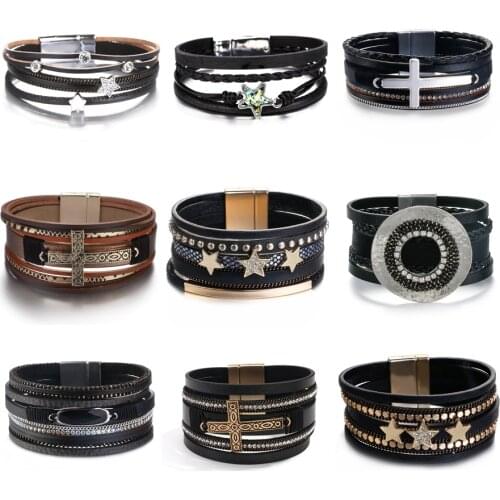 Amorcome Multitype Big Cross Stars Charm Wrap Leather Bracelets for Women Men Punk Metal Multi-strand Wide Bracelet Boho Jewelry