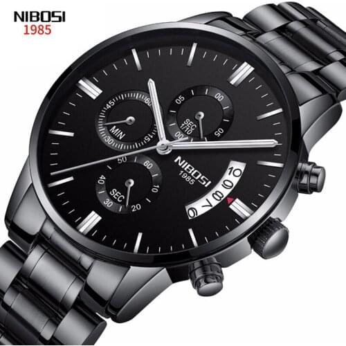 NIBOSI Mens Watches Top Brand Luxury Chronograph Watch Men Stainless Steel Quartz Watches Black Male Watches Relogio Masculino