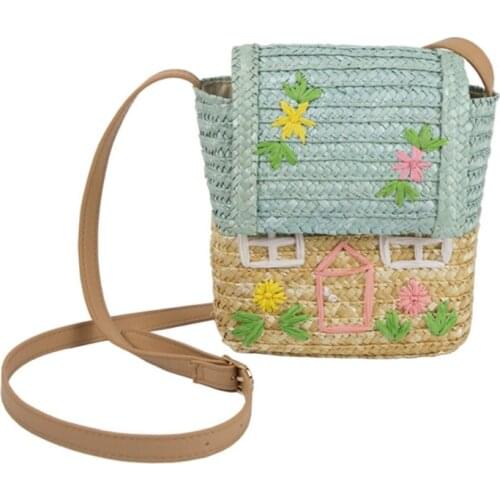 Cute Cartoon House Print Woven Kids Shoulder Bag Straw Handbag Crossbody Purse Rattan Woven Envelope Storage Bag Outdoor