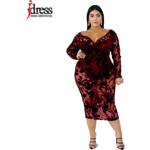 IDress XL-5XL 6XL Plus Size Autumn Dress V Neck Long Sleeve Mesh See Through Print Midi Dress Sexy Lace Night Club Wear 2020