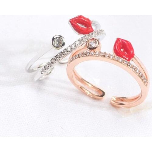 Personality Design Sexy Red Lips Double-deck Ring 2021 Korean Fashion Women AAA Zircon Opening Ring for Women Party Jewelry
