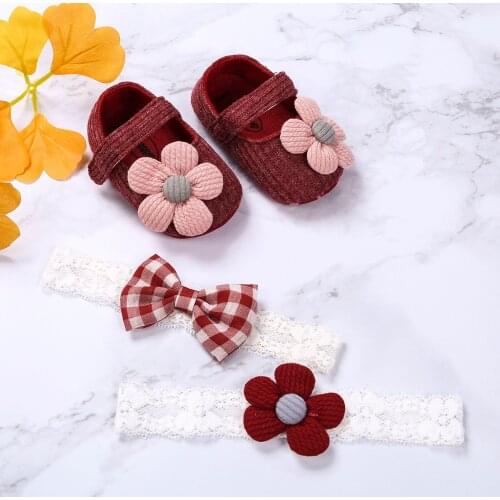 Baby Baptism Shoes and Headband Set Soft Sole Floral Mary Jane Flats and Hairbands 3 Piece Set For Infant Girls