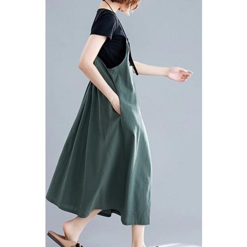 Korea Fashion Preppy Style Lady Girl Strap Dress 2021 New Sleeveless Loose Summer Dress Cotton Linen Women Travel Casual Dress