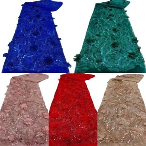 Red Latest African Mesh Lace 3d flower Fabric Embroiderey Sequins Beads French Tulle Laces Fabric For Nigerian Wedding Party Sew