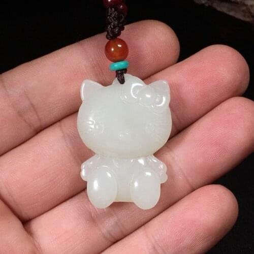Natural hetian white jade handcarved HelloKitty pendant simple retro pendant temperament jewellery fashion for woman men