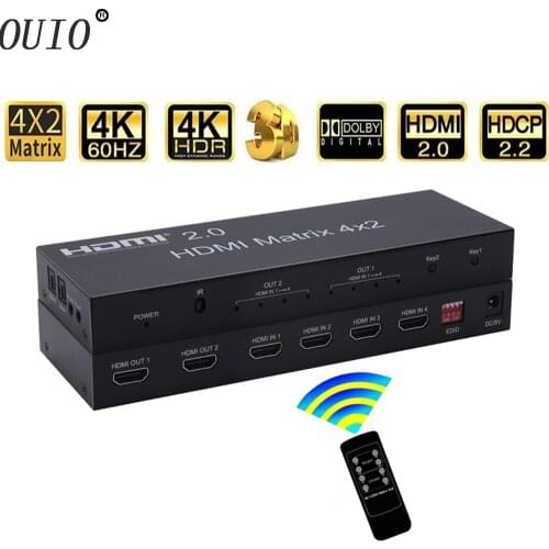 OUIO HDMI 2.0 Matrix 4x2 4K @ 60Hz HDR Switch Splitter 4 in 2 out Optical SPDIF + 3.5mm jack Audio Extractor HDMI Switcher