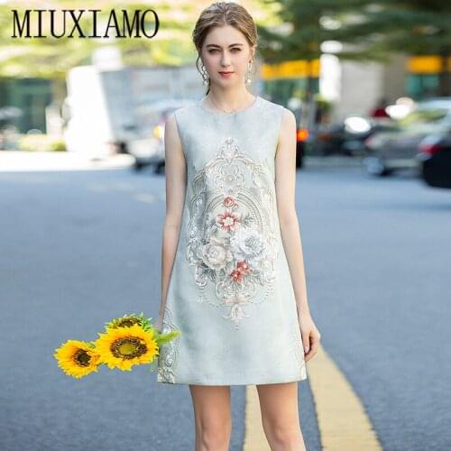 MIUXIMAO Luxurious 2020 Spring & Summer dress Party dress Flower Blue Slim Tank Office Lady Dress Women Vestidos