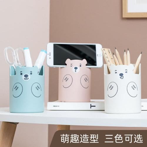Multifunctional Plastic Bear Pen Holder Desk Organizer Phone Makeup Brush Holder Stand Cute Stationery Desktop Storage Organizer