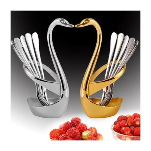 Fashion Fruit Fork Stainless Steel Dessert Fork Fruit Party Picks And Swan Base Set
