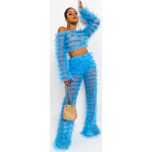 Fashion Two Pieces Tulle Sets Women Top And Pant Custom Made Sheer See Through Tulle Maxi Wear Off Shoulder Long Sleeve