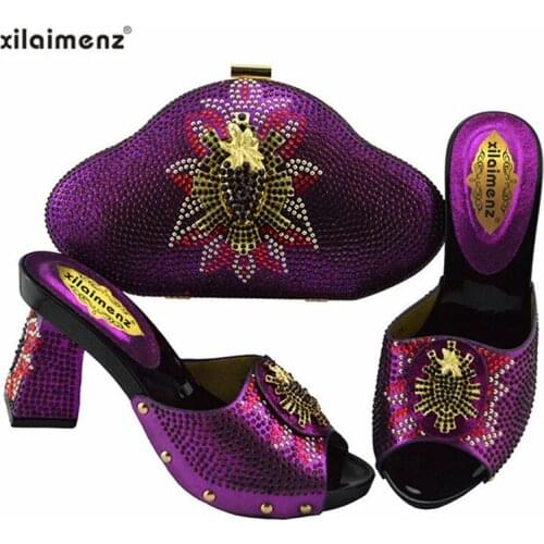 Fashion Purple Color Italian Women Matching African Shoes and Bag Set Decorated with Rhinestone Nigerian Ladies Shoe and Bag Set