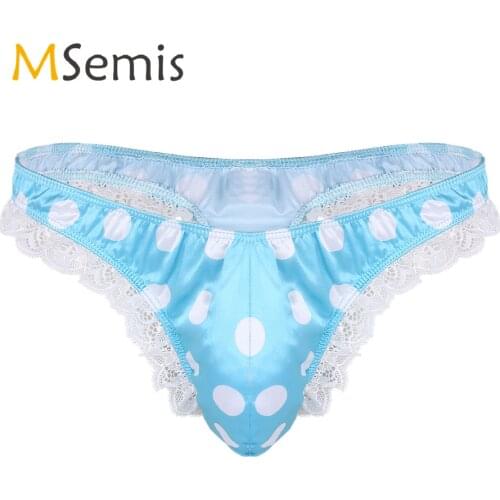 Mens Lingerie Sissy Bikini Underwear Shiny Low Rise High Cut Ruffle Lace Polka Dots Bikini G-string Thong Briefs Panties