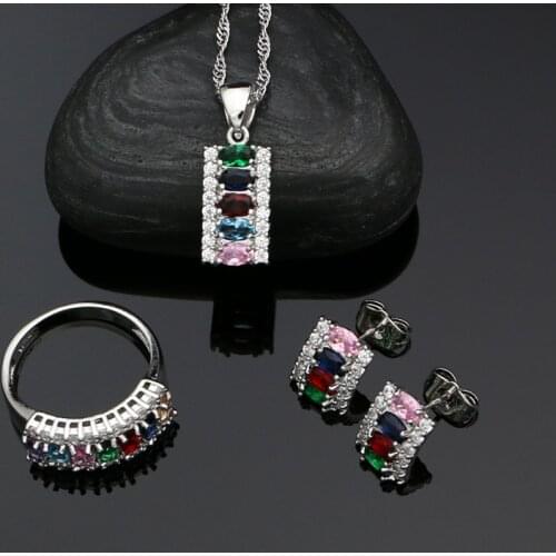 Multicolor Cubic Zirconia 925 Sterling Silver Jewelry Sets For Women Wedding Accessories Earrings Ring Pendant Necklace Set