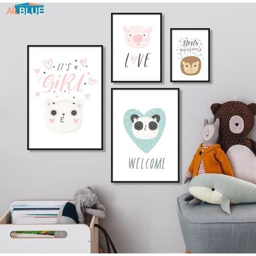 Cute Cartoon Animal Poster Canvas Prints Panda Pig Nordic Style Kids Room Wall Pictures For Baby Girl Bedroom Home Decor