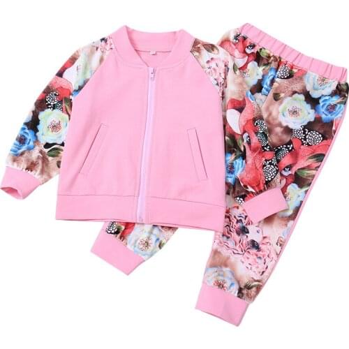 2018 Autumn Toddler Girl Clothes Pink Jacket+flower Print Trousers 2 Piece Set Girl Tracksuit Children Sport Suit For Girl