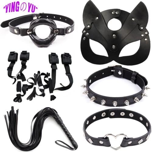 Porn Fetish Head Mask Whip BDSM Bondage Restraint Leather Cat Halloween Mask Roleplay Sex Toys For Men Women Cosplay Adult Games