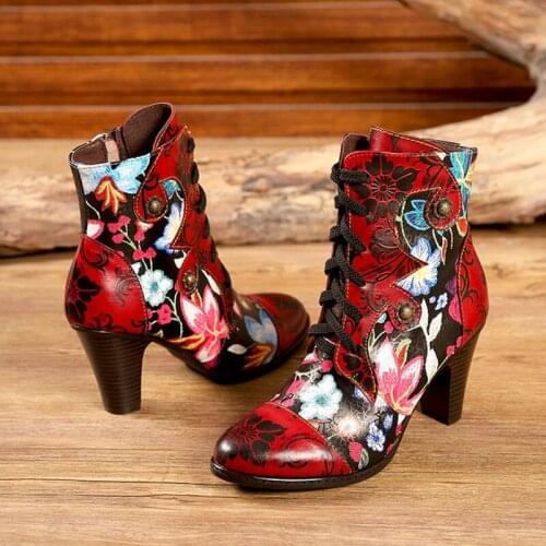 Luxury Women Shoes Genuine Leather Ankle Boots 3D-Print Flower High Heels Ladies Festival Footwear Big Size 42 Designer Brand